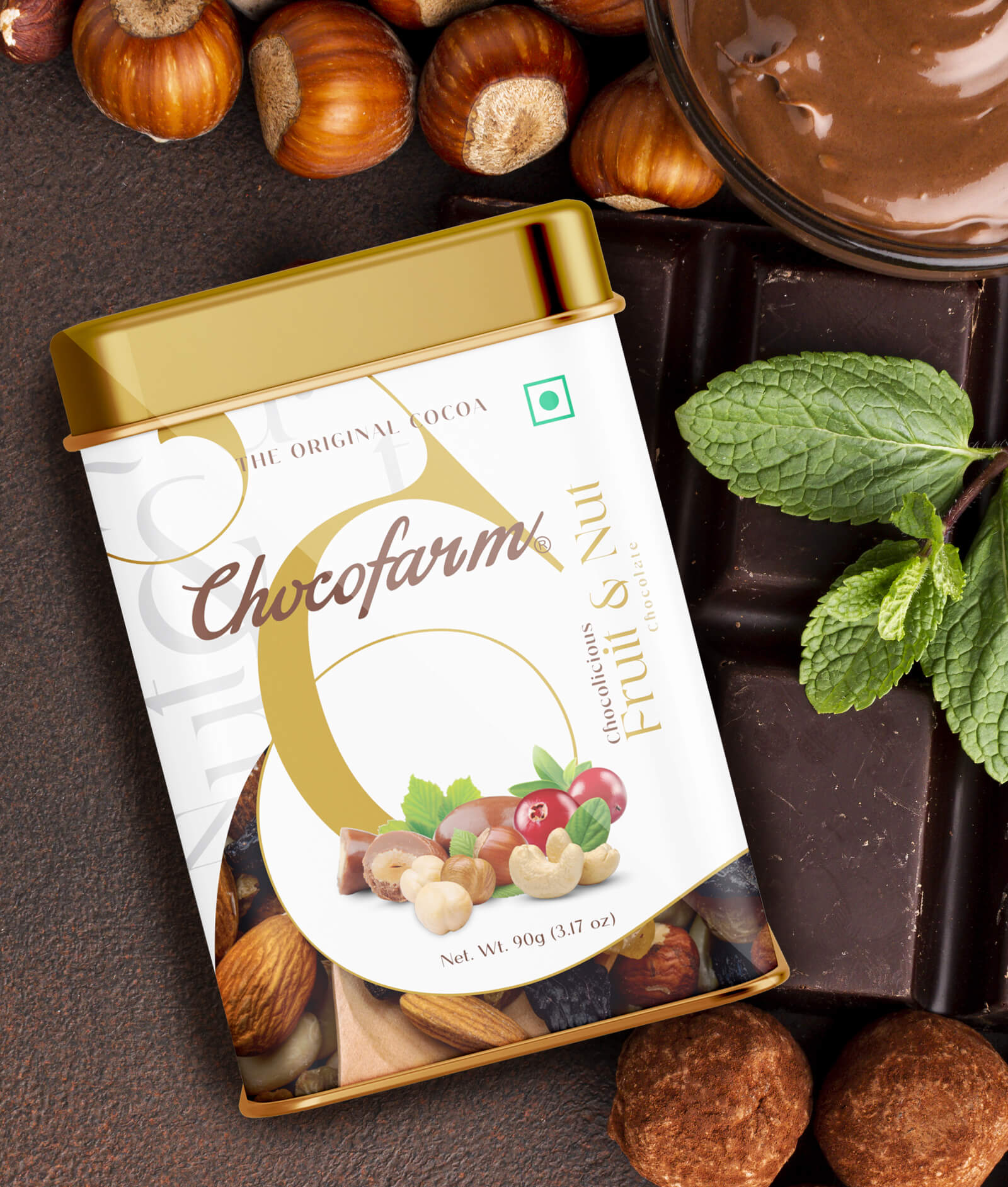 chocofarm chocolicious fruit & nut chocolate tin design